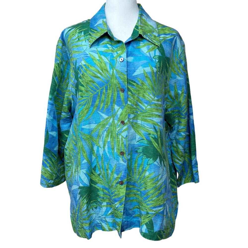 French Laundry Silk-Linen Tropical Womens 3/4 Sleeve Shirt Blue Green XL Coastal